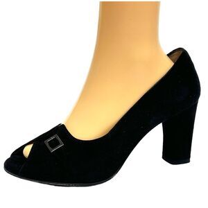 TARYN ROSE Black Suede Leather Peep Toe Pumps Heels w Dust Bag 39.5 9.5